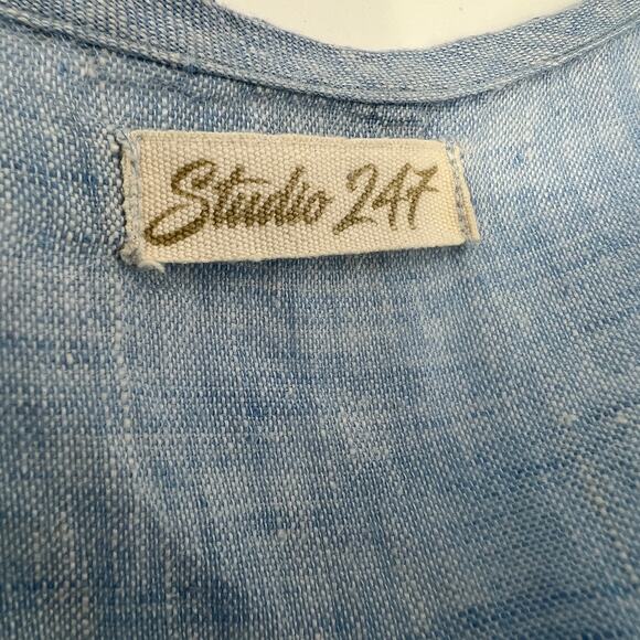 Babydoll Linen Dress M/L Blue Pleated V Neck Short Mini Studio 247 Pockets READ - Picture 8 of 8